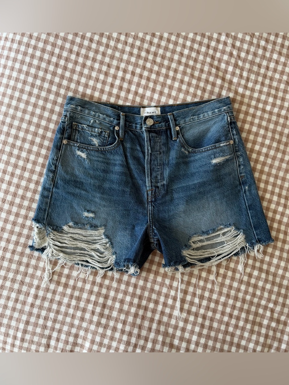 Frame Denim High Rise Button Fly Vintage Short Fray in Northville Rips Size 28